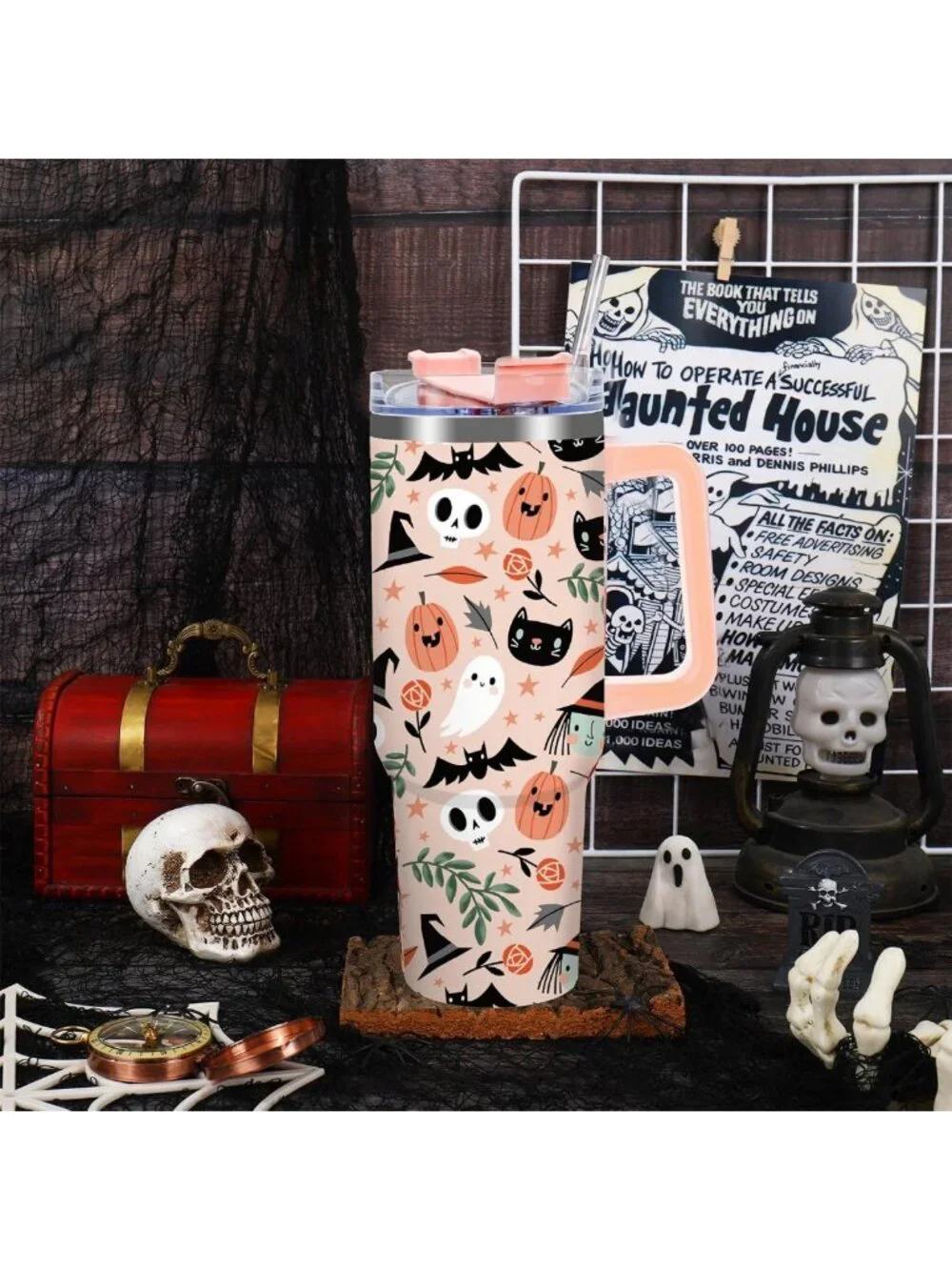 40oz Halloween Tumbler with Handle, Straw & Lid - Spooky Skull Ghost Pumpkin